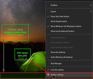 klik kanan pada taskbar dan klik kiri pada taskbar setting